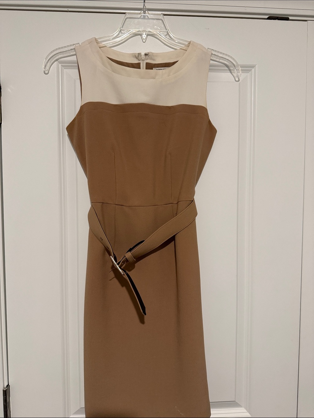 Banana Republic Tan and Cream Sleeveless Midi Sheath Dress with Belt